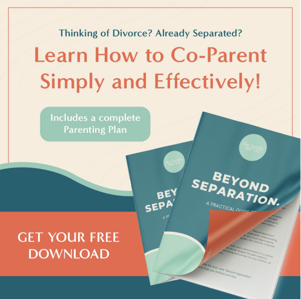 Graphic of a booklet with the title 'Your Essential Guide to Parenting Plans'. Click to download the e-book.